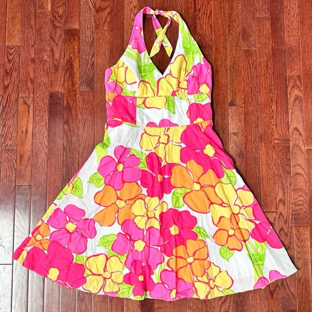 Lilly Pulitzer Pink White Yellow Women's Floral Halter Neck Midi Dress Size 12